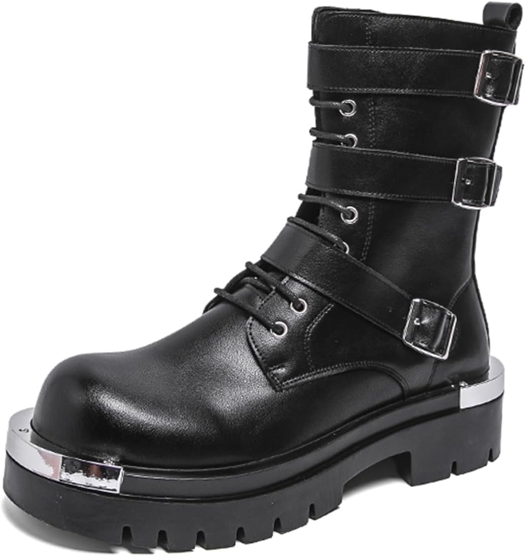 

Мужские кожаные ботинки на шнуровке с платформой, военные боевые с множеством пряжек Tengfeifly, черный