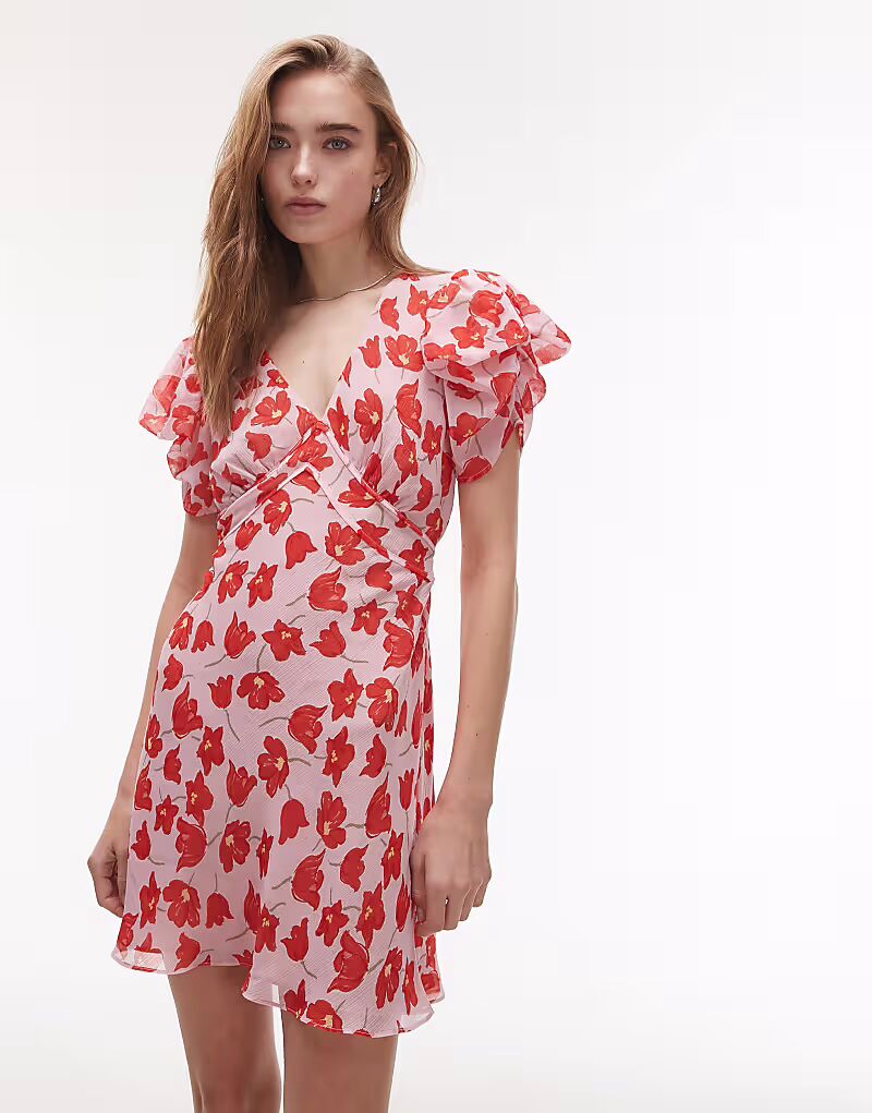 

Мини-платье Topshop с рукавами-булавками, розово-красного цвета с цветочным принтом