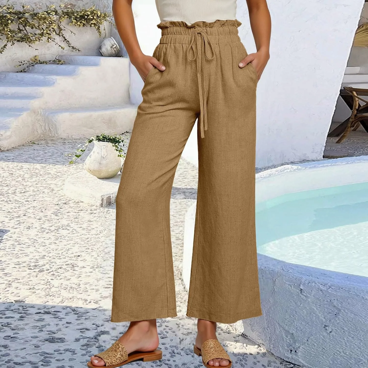Женские льняные брюки Casual в стиле бохо с высокой талией, широкие, на кулиске, летние, пляжные, палаццо, с карманами Generic, кофейный — фото 3