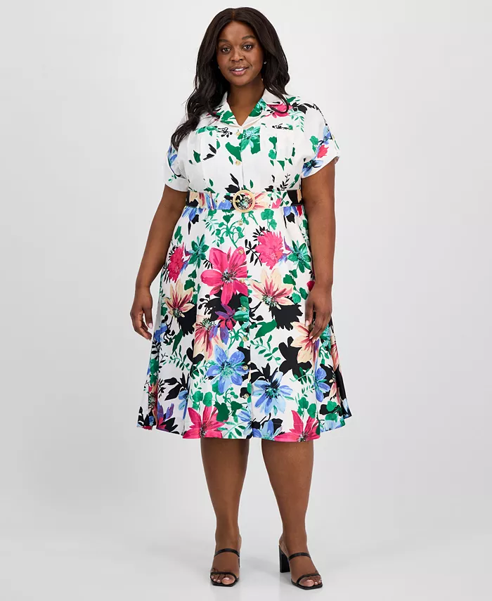 

Платье-рубашка миди с поясом и принтом больших размеров Tahari ASL, слоновая кость/кремовый