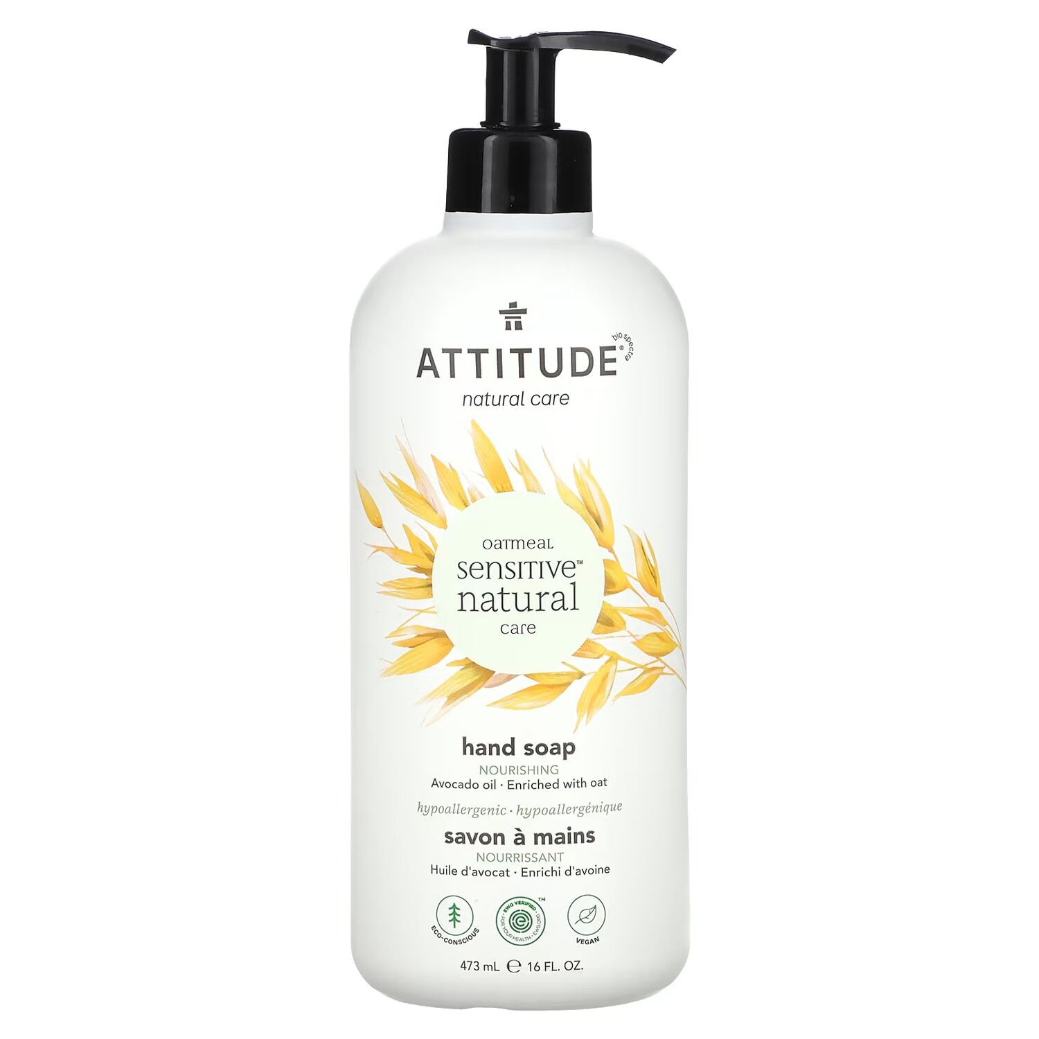 

ATTITUDE Oatmeal Sensitive Natural Care Мыло для рук с маслом авокадо, 16 жидких унций (473 мл)