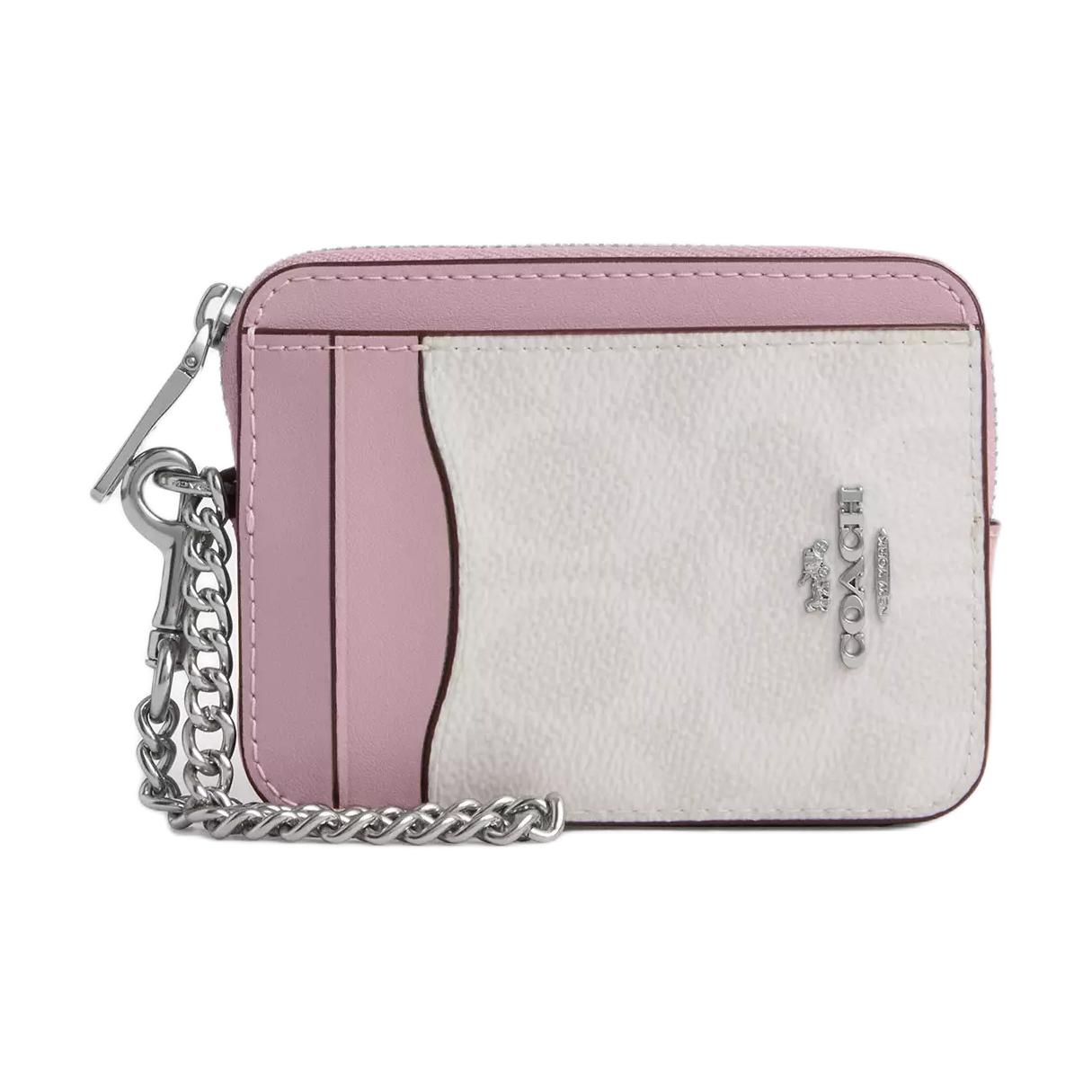 

COACH Миниатюрный женский картхолдер из лакированного полотна бело-розовый, White & Pink