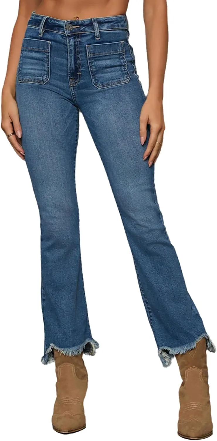 

Женские джинсы High Waisted Flare с Raw Hem и карманами-заплатками TACSTRUN