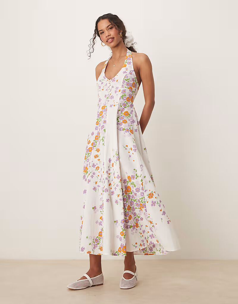 

Платье-миди ASOS DESIGN с бретелью через шею и подолом годе с цветочным принтом