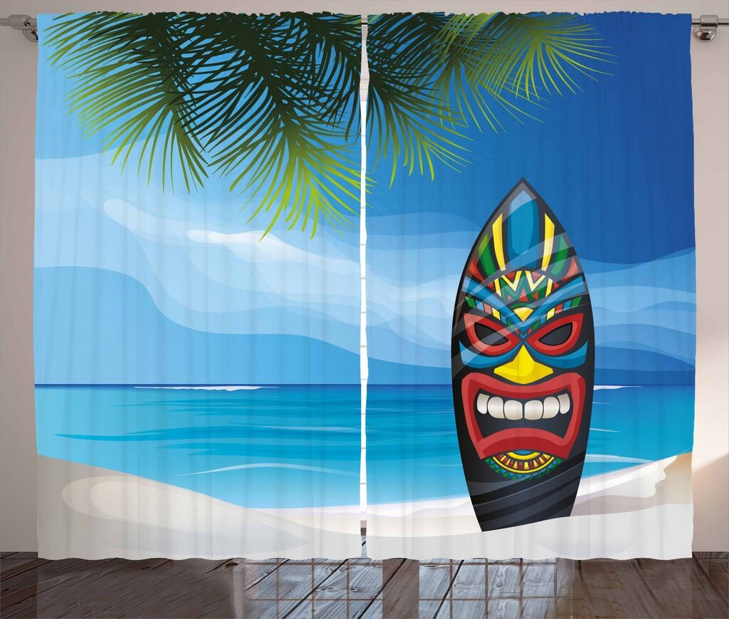

ABAKUHAUS Tiki Bar Занавеска в деревенском стиле, Tiki Surfboard, Ленточная занавеска с рюшами и петлями для спальни, 280 x 225 см, Разноцветная