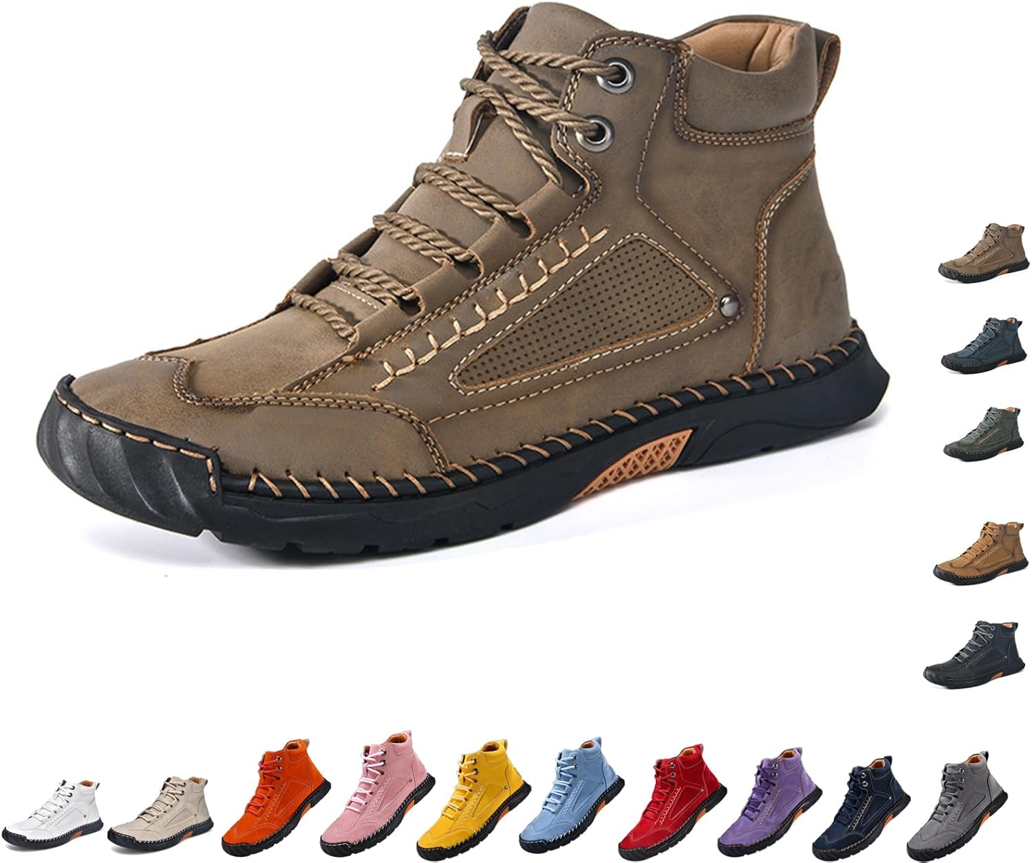 

Мужские широкие кожаные ботинки Комфортные ручной работы походные ботинки с поддержкой свода стопы, водонепроницаемые ботинки с просторным носком Generic, хаки