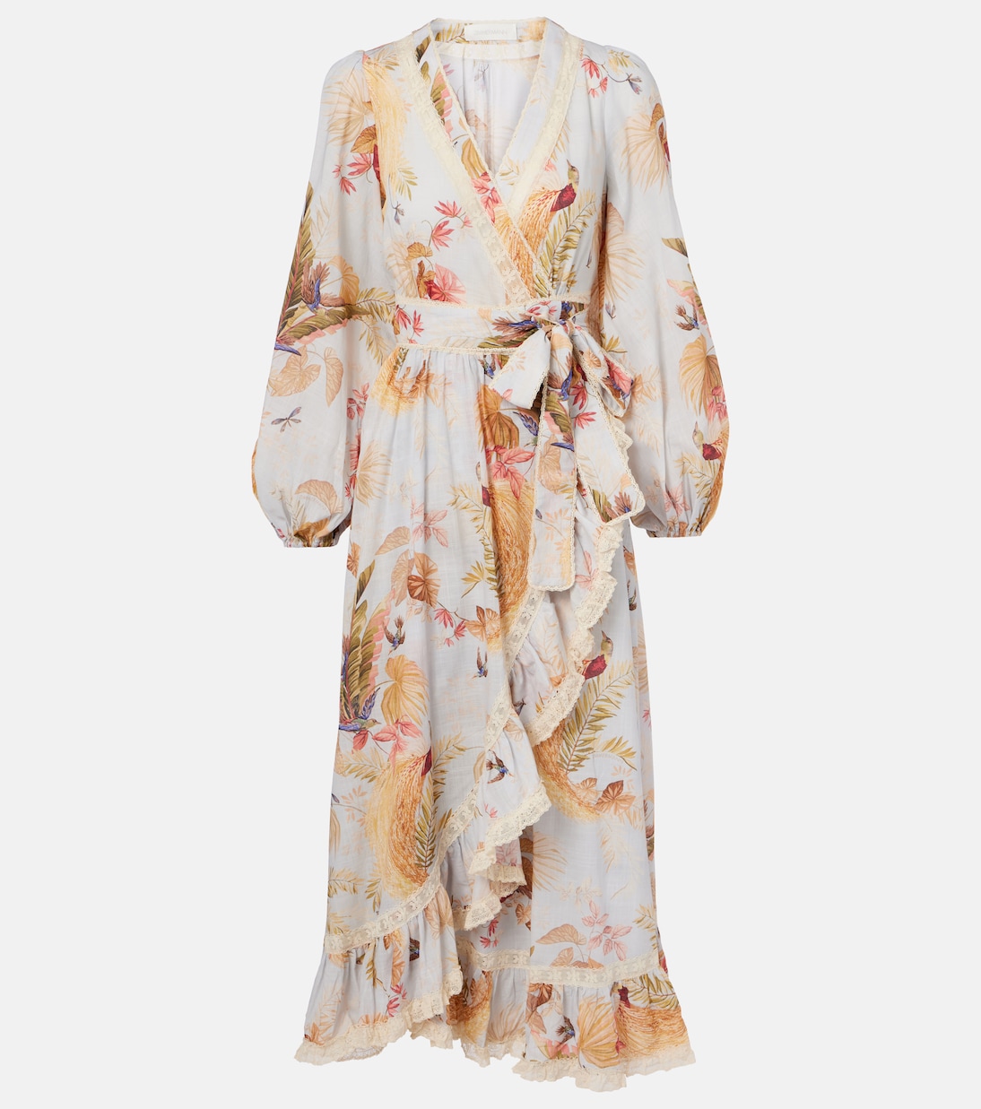 

Платье миди из хлопка с цветочным принтом и рюшами Ascension Zimmermann, Light Blue Palm Floral