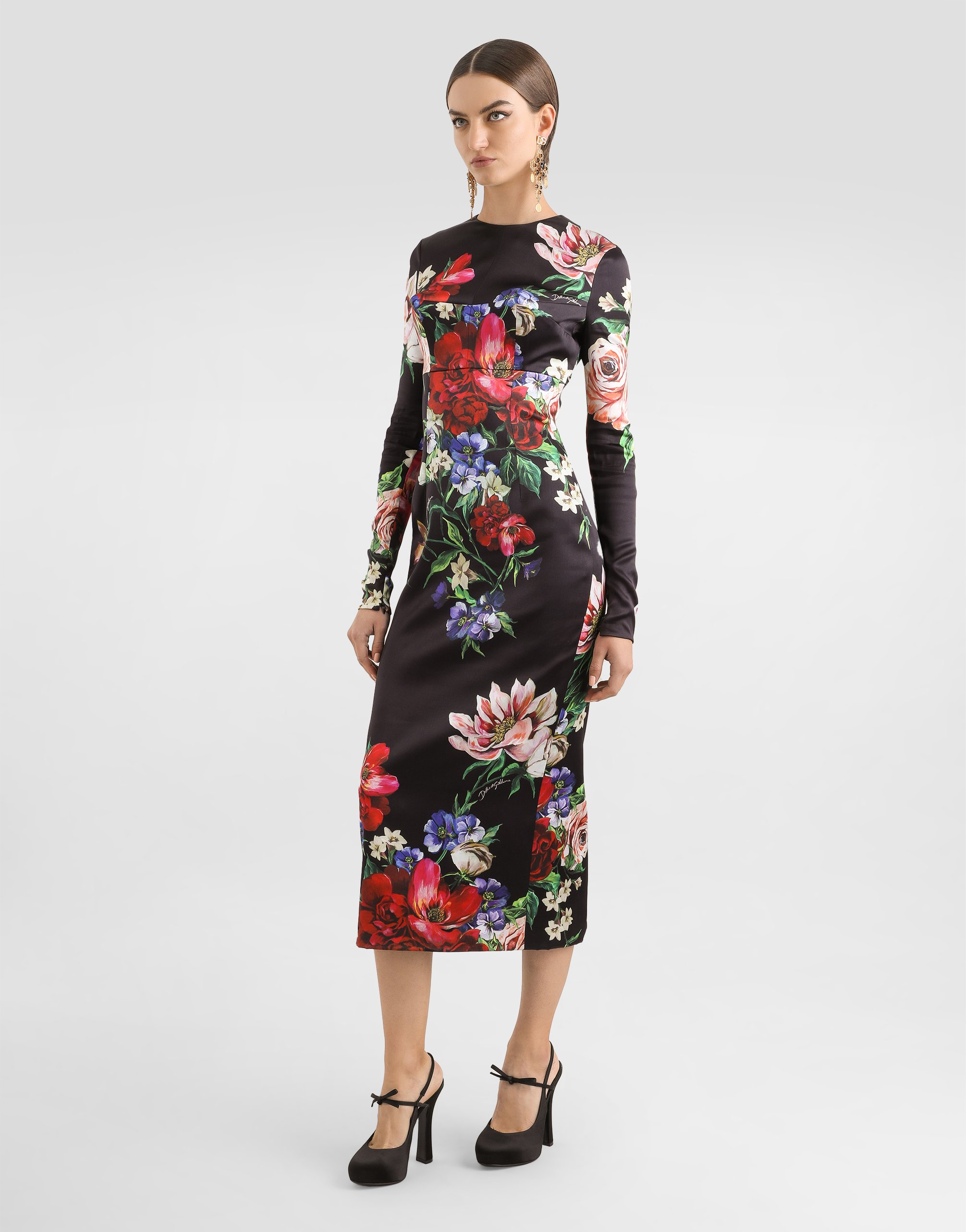 Атласное платье миди с круглым вырезом и цветочным принтом Dolce & Gabbana, принт — фото 2