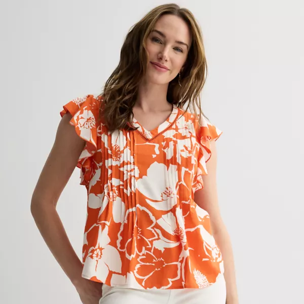 

Женский топ с плиссированными рукавами-крылышками Sonoma Goods For Life, цвет orange bold floral