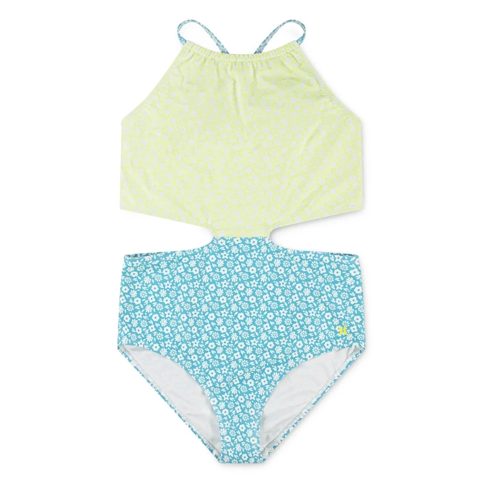 

Детский купальник Hurley, зеленый с синим мелким цветочным принтом, монокини с завязками на шее, цельный, GBO820