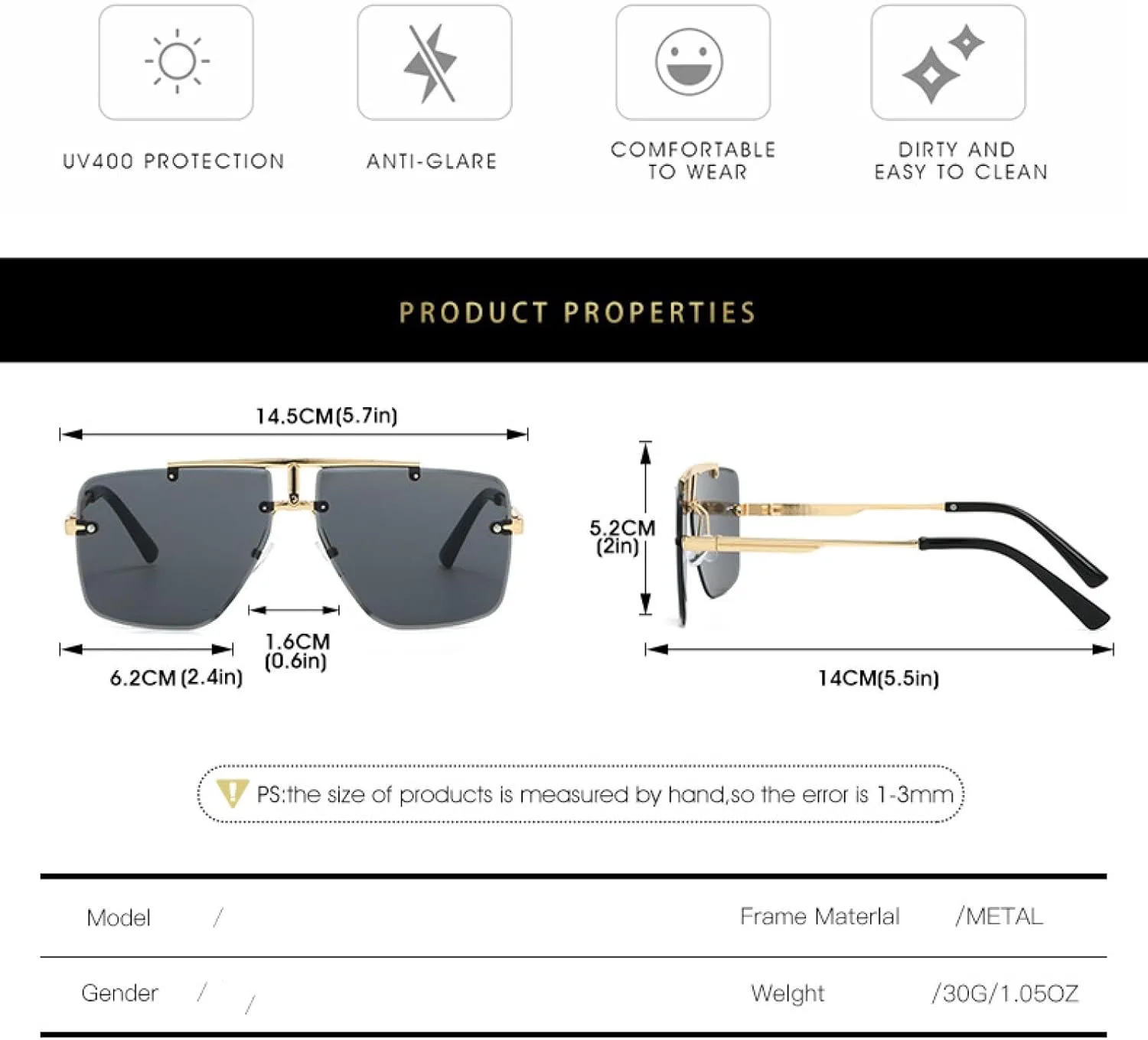 

Модные мужские солнцезащитные очки без оправы для женщин, с двойной перемычкой, металлической оправой, для вождения, защита от УФ-излучения UV400 VVTWSSW, Gold Grey