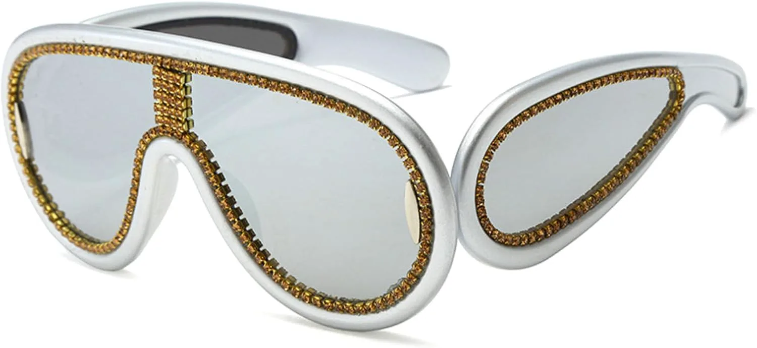 

Модные солнцезащитные очки-маска с бриллиантами для женщин и мужчин, большие солнцезащитные очки-щит, стильные солнцезащитные очки со стразами mincl, Gold Silver