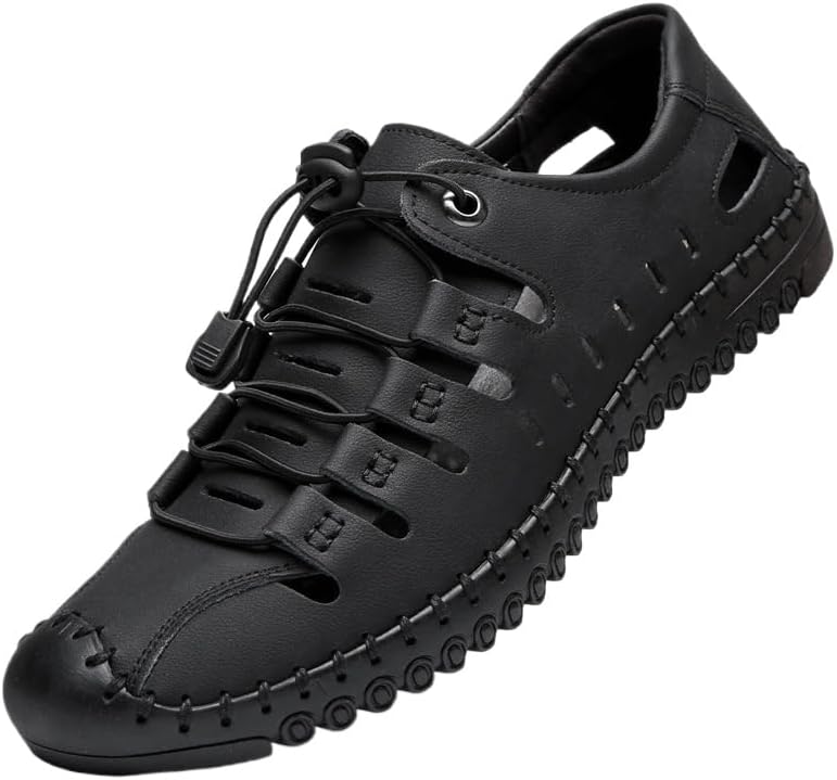 

Мужские летние повседневные кожаные сандалии с закрытым носком, рыбацкие регулируемые пляжные туфли Hhhchpm, черный