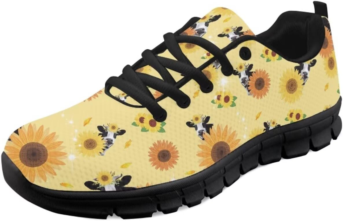 

GETELINSENG Женские и мужские кроссовки для бега, модные теннисные, для тренировок в зале, для фитнеса, удобные кроссовки для тенниса и ходьбы, легкие, Cow Sunflower