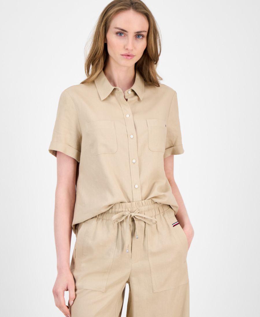 

Женская рубашка с короткими рукавами и манжетами для походов Tommy Hilfiger, Khaki