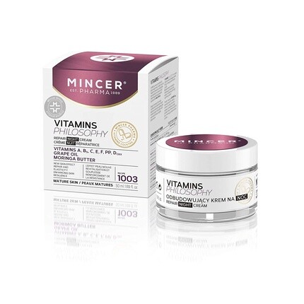 

Mincer Pharma Витамины Философия Ночной восстанавливающий крем для лица для зрелой кожи с виноградным маслом и витаминами A, B, C, E, F, Pp, D и маслом моринги 50 мл, Mincer Est. Pharma 1989