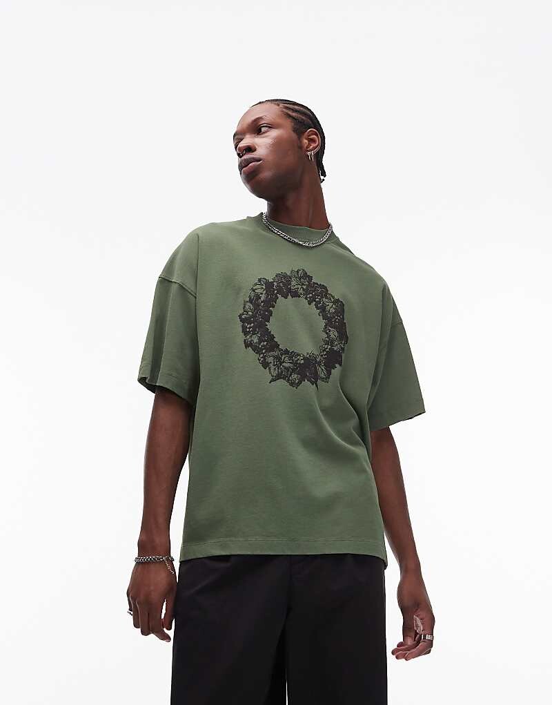 

Topman – Зеленая футболка премиум-класса Extreme oversize с вышитым венком