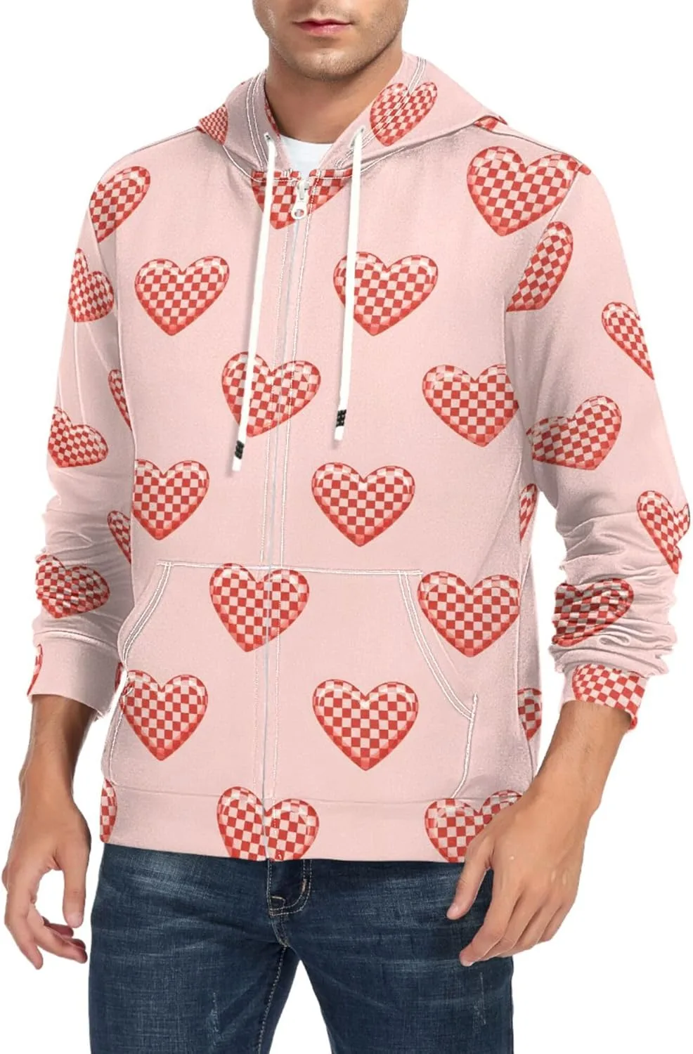 

Мужская толстовка с капюшоном на молнии, красная клетка в виде сердца CUPADA