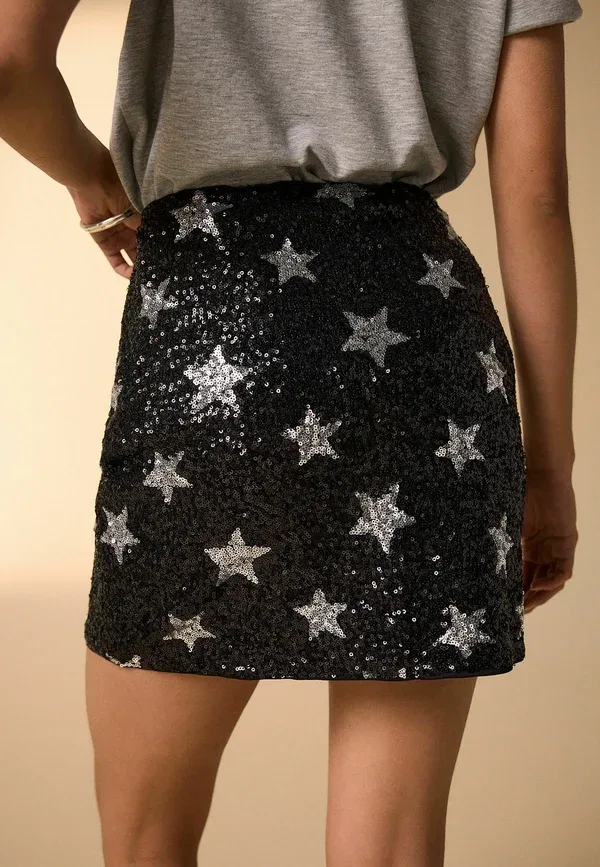 Юбка мини Regular fit Next, модель star sequin, A-силуэт, черный серебристый — фото 2