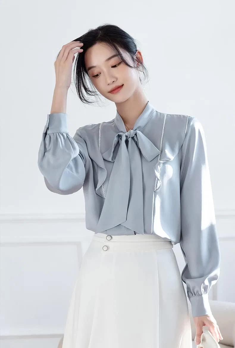 Блуза с бантом, шифоновая Bowtie Blouse, синий — фото 3