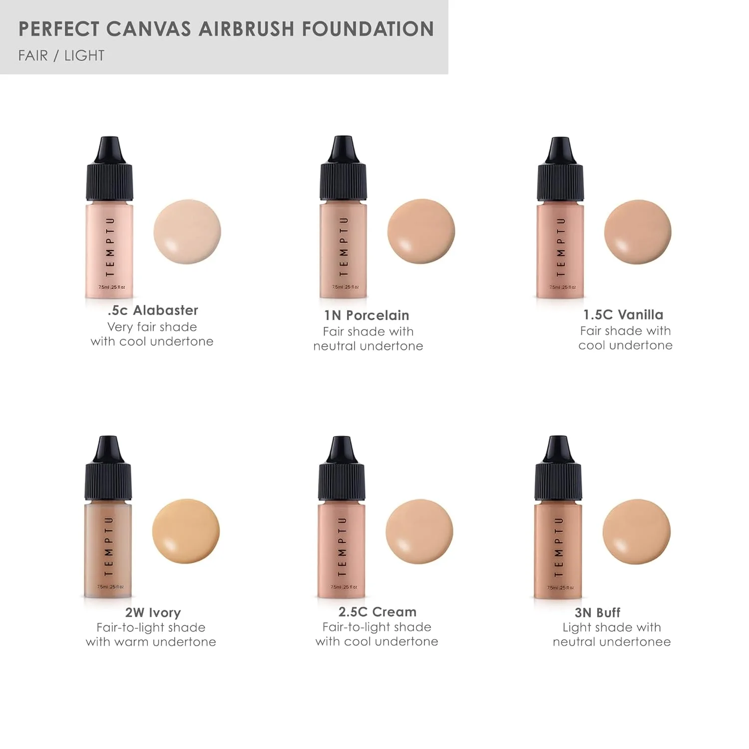TEMPTU Perfect Canvas Airbrush Foundation: антивозрастная тональная основа долговременного действия, наращиваемое покрытие для увлажненной и здоровой кожи, полуматовый естественный финиш, 24 оттенка 7,4 мл (6 шт.), Starter Set/Fair/Light — фото 3