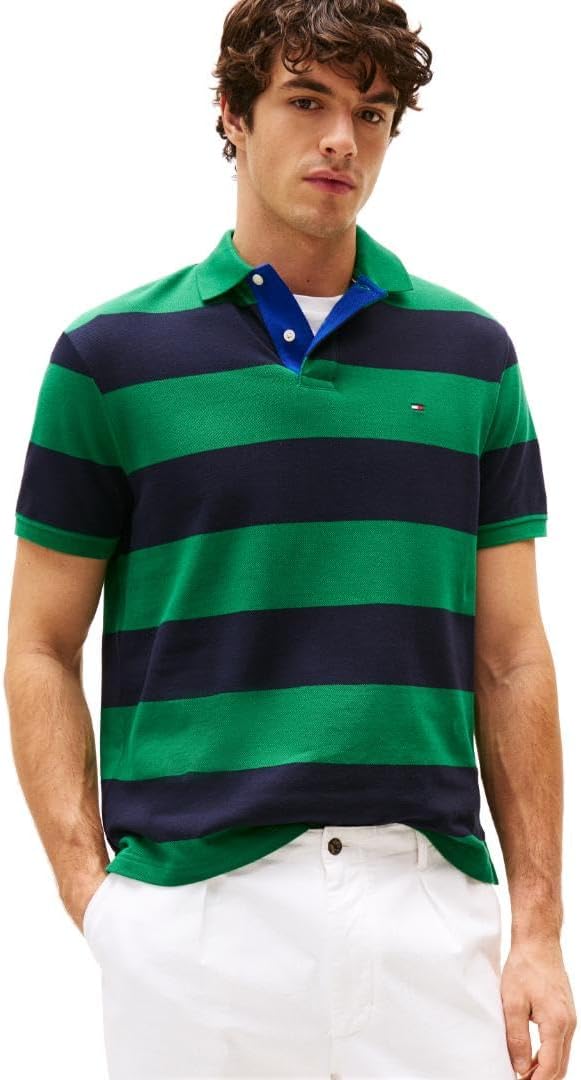 

Мужские поло Tommy Hilfiger с коротким рукавом, повседневного кроя, с рисунком в виде регбийных полос, Nouveau Green / Desert Sky