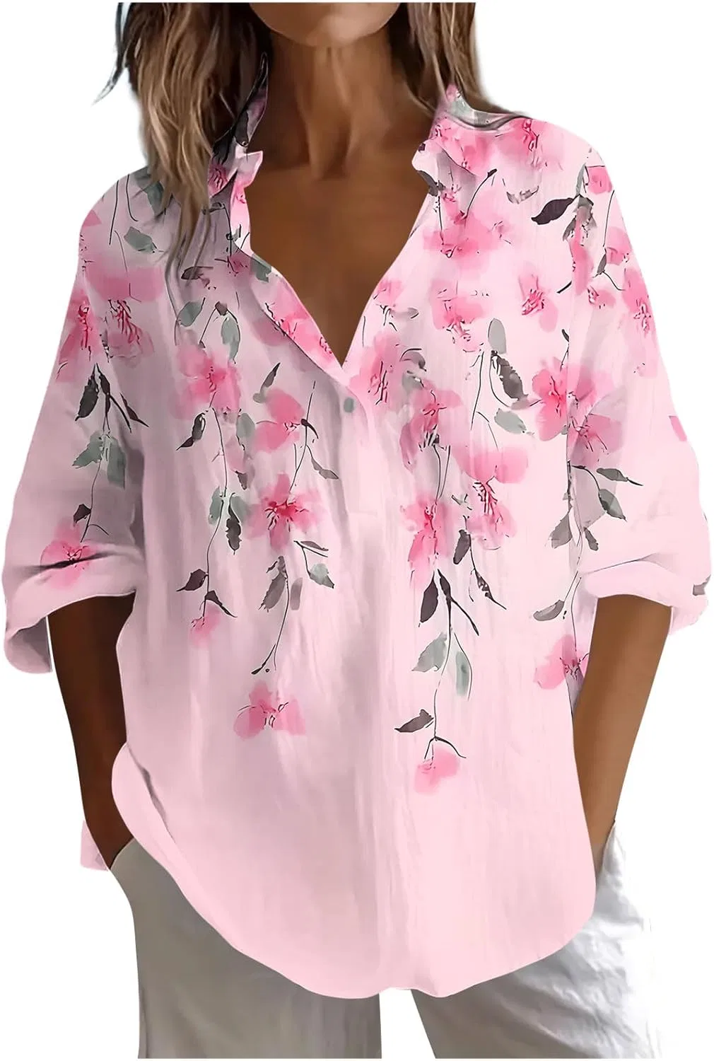 Блуза женская свободного кроя, длинный рукав, высокая горловина, Generic, B-194 Pink