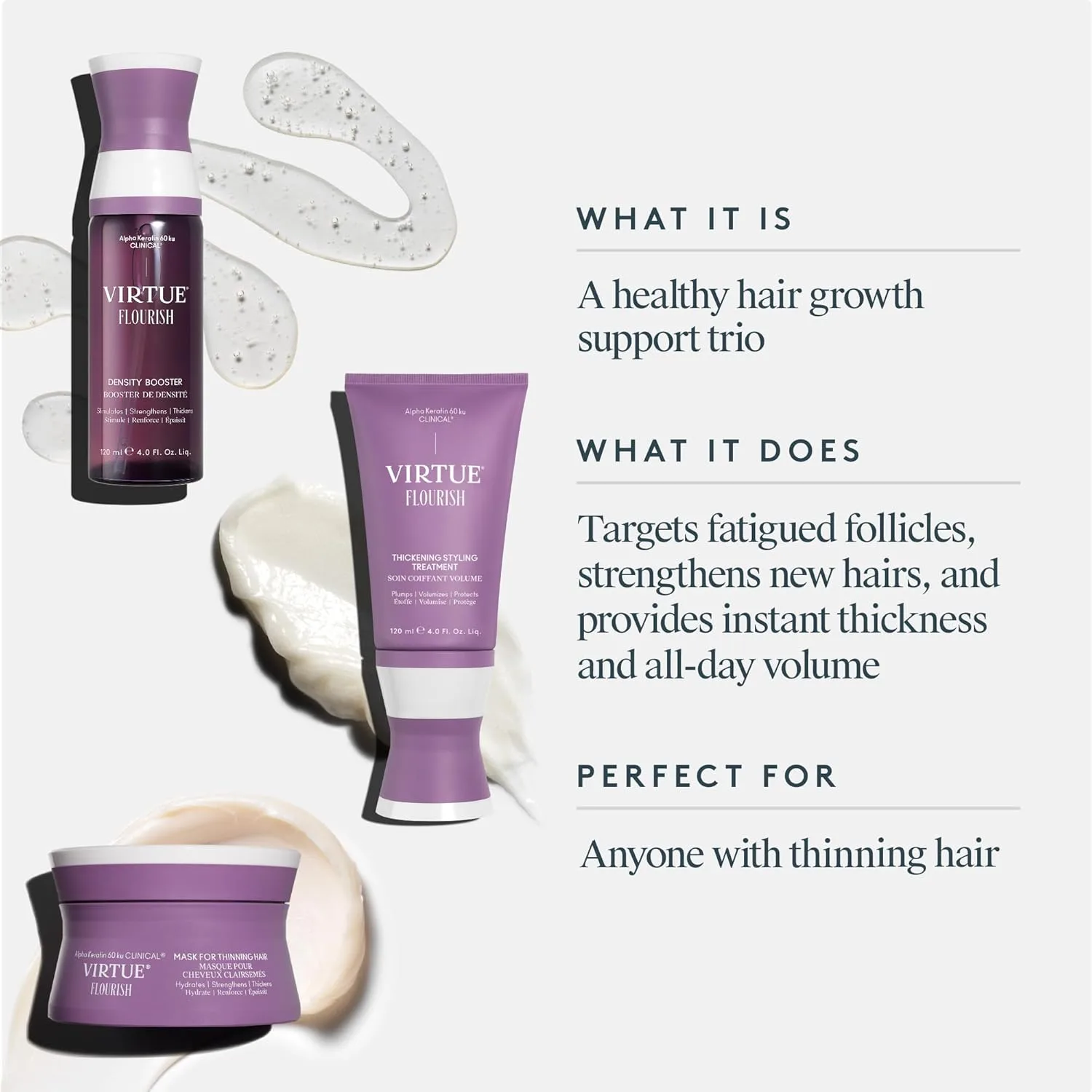 Набор Virtue Flourish Hair Thickening Essentials Bundle, включающий средство для придания густоты, средство для укладки, придающее объем, и маску для волос. — фото 2