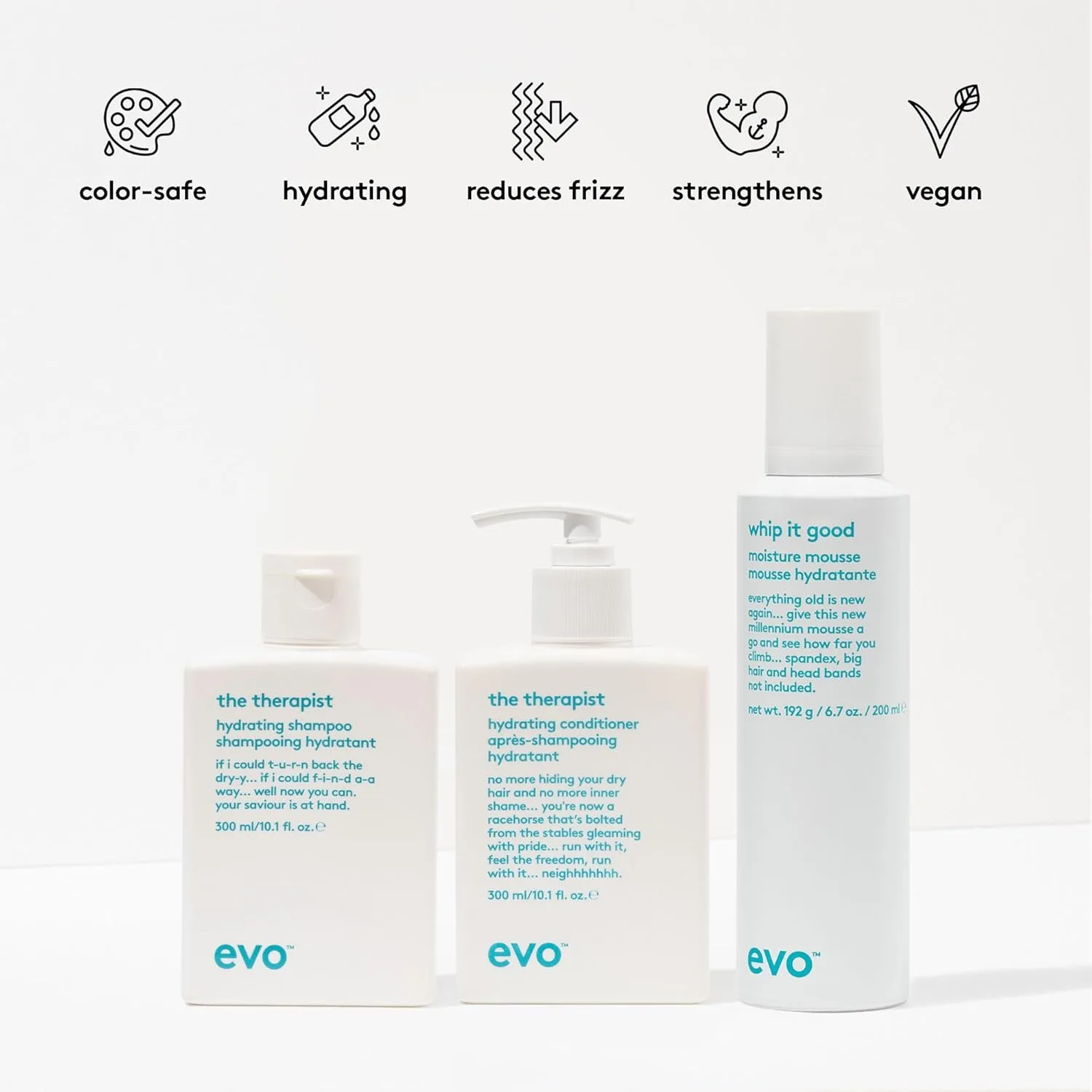EVO Moisture-Rich Trio - Увлажняющий шампунь и кондиционер The Therapist с увлажняющим муссом Whip It Good - Защищает окрашенные волосы — фото 3