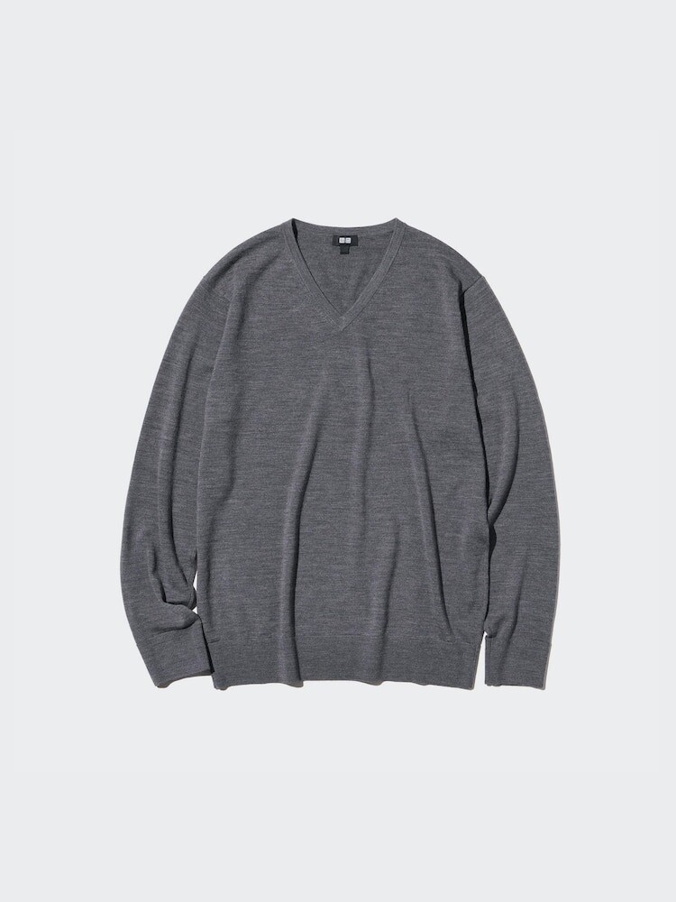 Джемпер с V-образным вырезом из 100% мериносовой шерсти Uniqlo, цвет 09 черный — фото 4