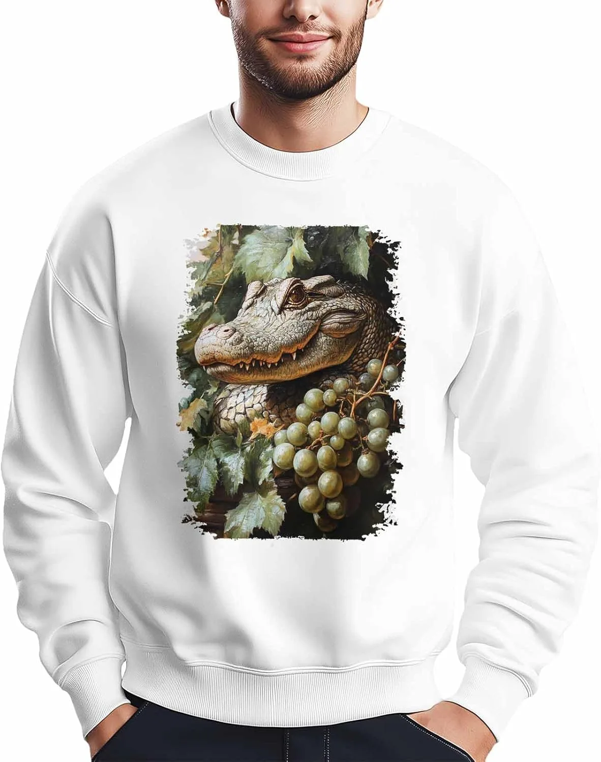 

Мужской свитшот с принтом крокодила и виноградного листа, Crewneck, Long Sleeve Winvebermior