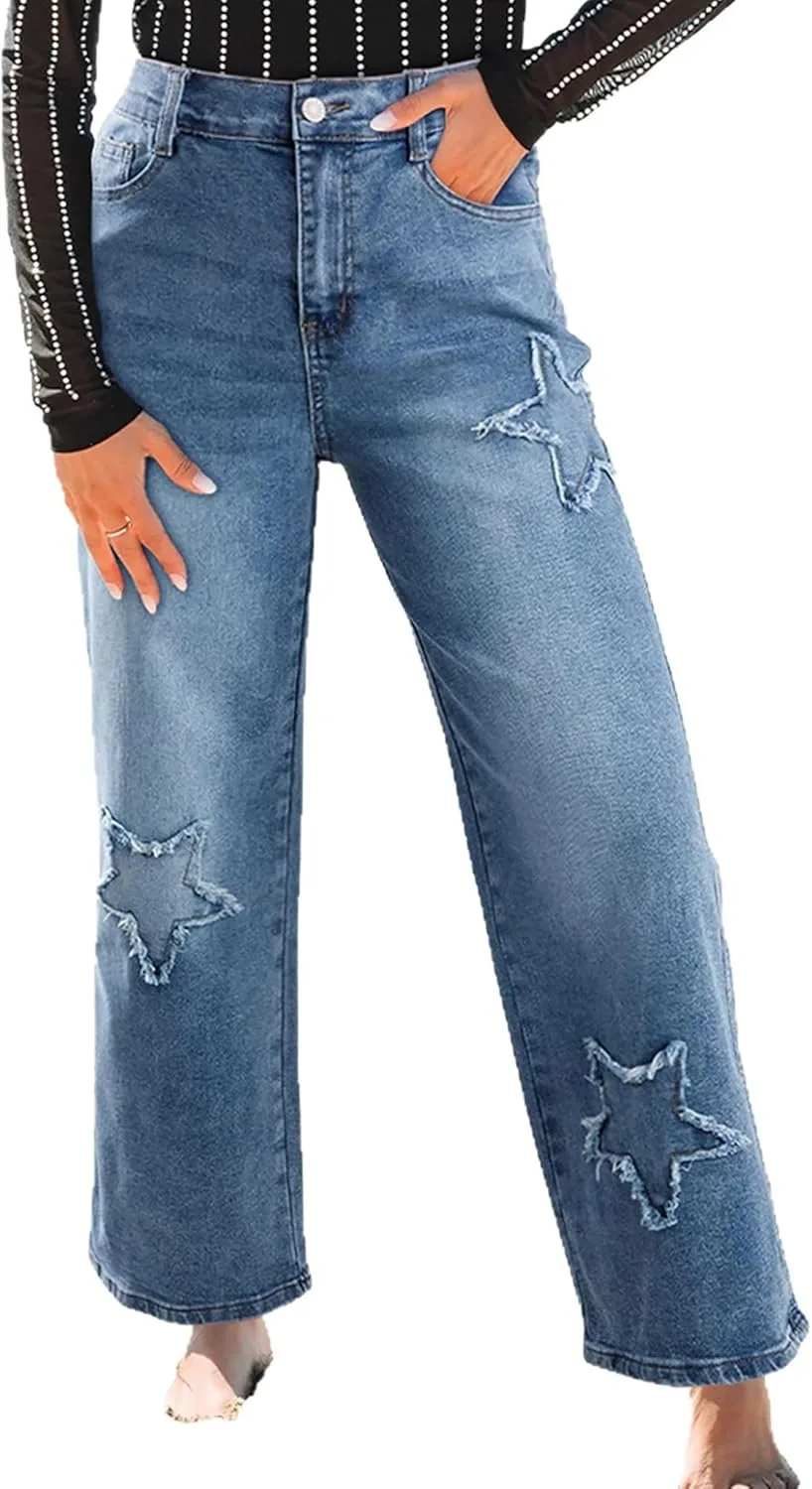 

Женские джинсы Star Patchwork прямого кроя с эластичной спинкой Boyfriend укороченные QLAUYIOE