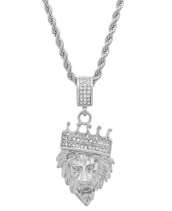 

Мужское ожерелье из нержавеющей стали с имитацией бриллиантовой короны в виде головы льва, 30 дюймов Steeltime, silver