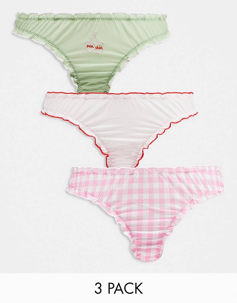 

ASOS DESIGN – Набор из трех сетчатых стрингов со сборками розового, мятного и клетчатого цвета