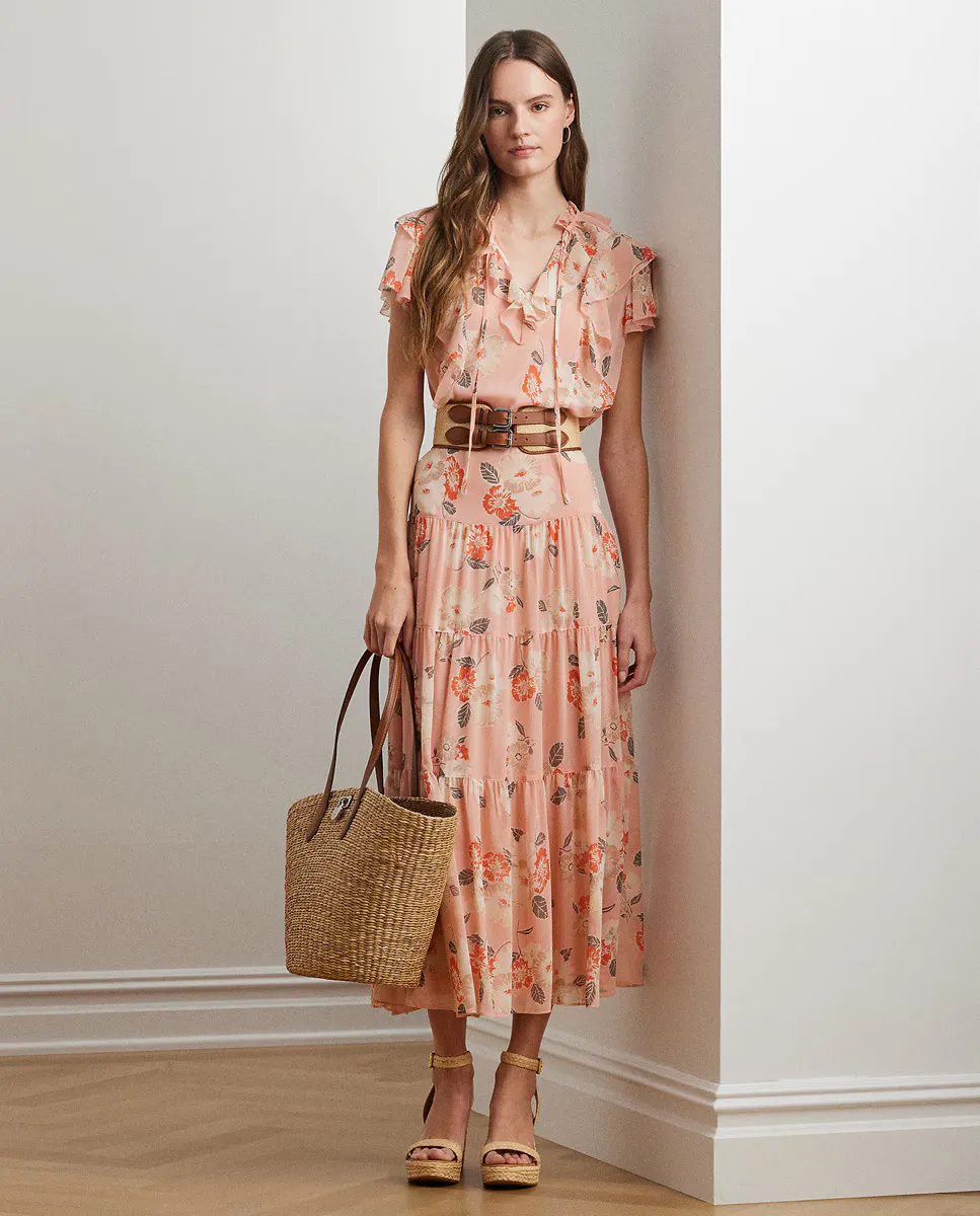 

Длинная расклешенная юбка с цветочным принтом Lauren Ralph Lauren, розовый