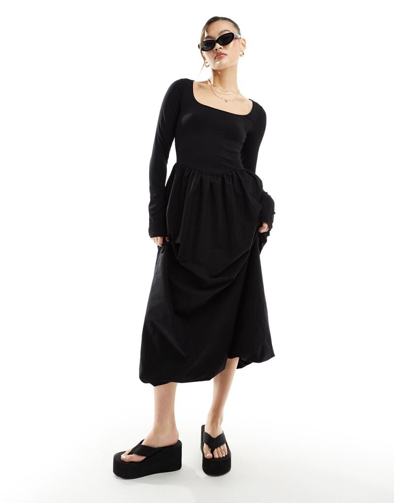 

ASOS DESIGN – черное платье миди с рюшами на воротнике и длинными рукавами