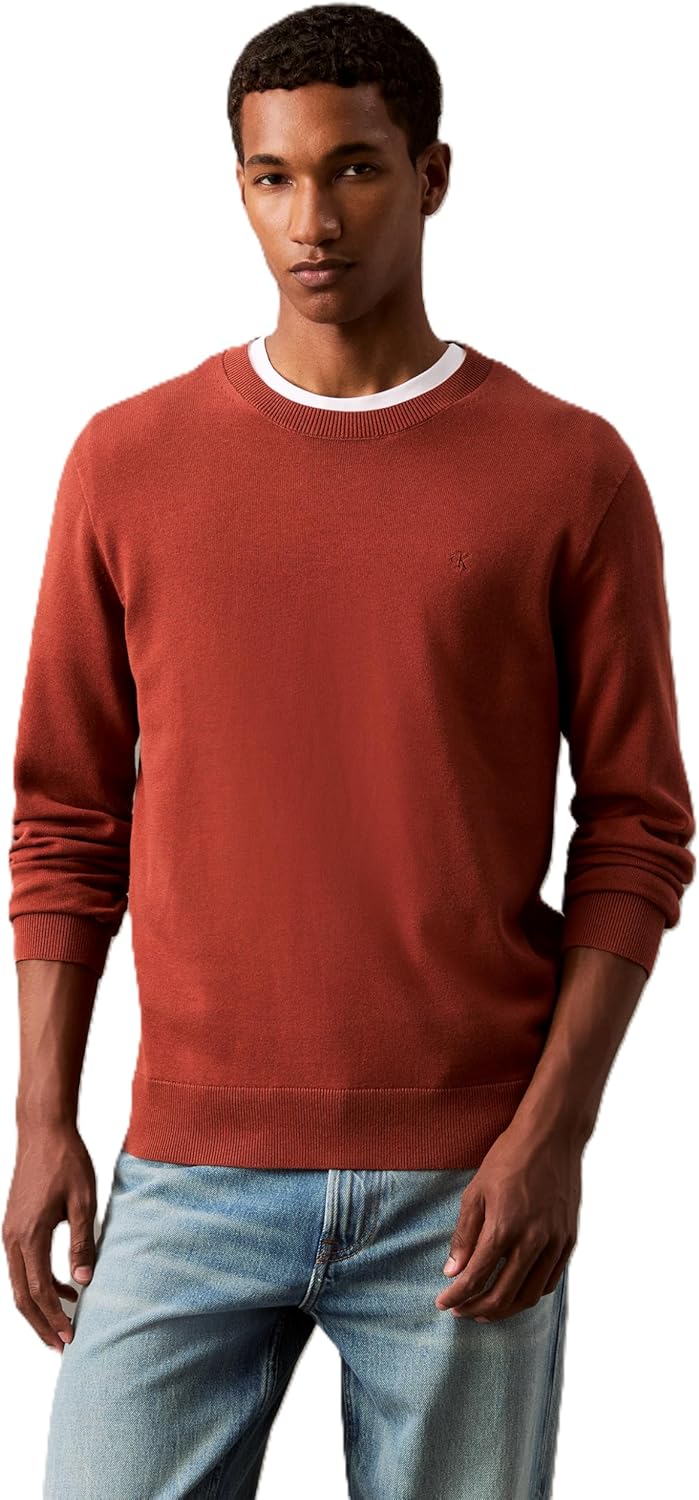 

Мужской свитер Calvin Klein из смеси хлопка, объемный, с круглым вырезом, в рубчик, Roasted Russet