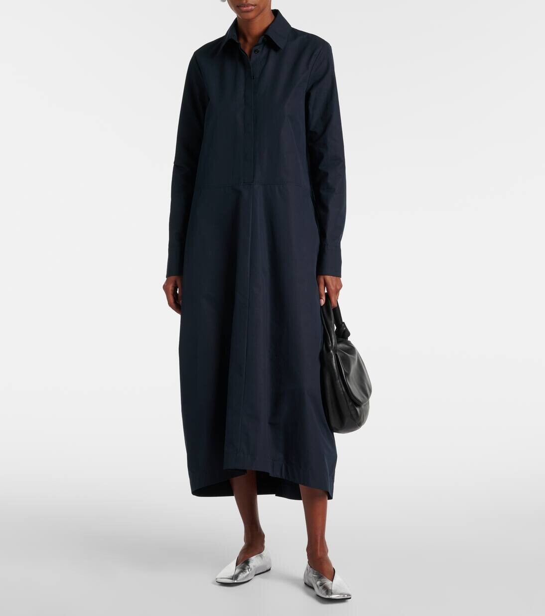 Платье-рубашка из хлопкового поплина со сборками Jil Sander, темно-синий — фото 2