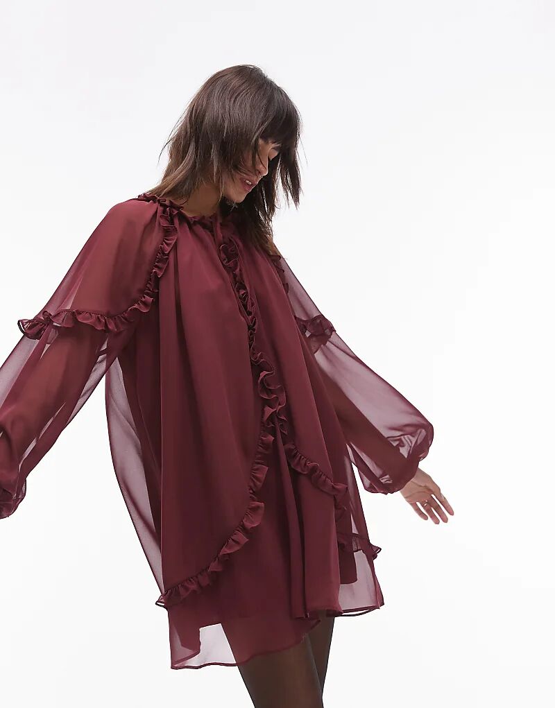 

Мини-платье-трапеция с оборками в бордовом цвете Topshop