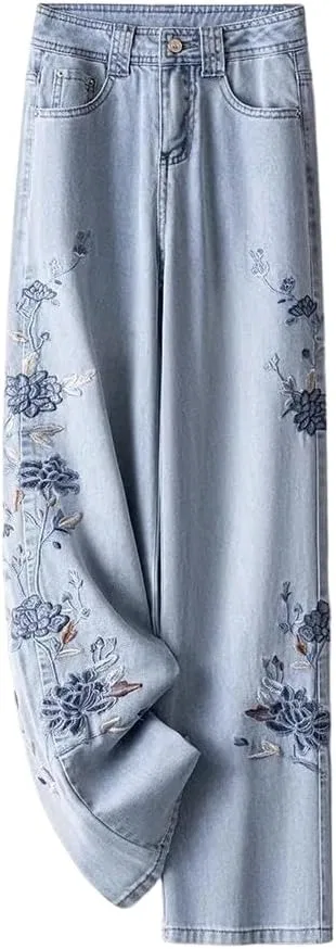 Джинсы, вышивка, Women's Vintage Floral Embroidery Straight Jeans, 57