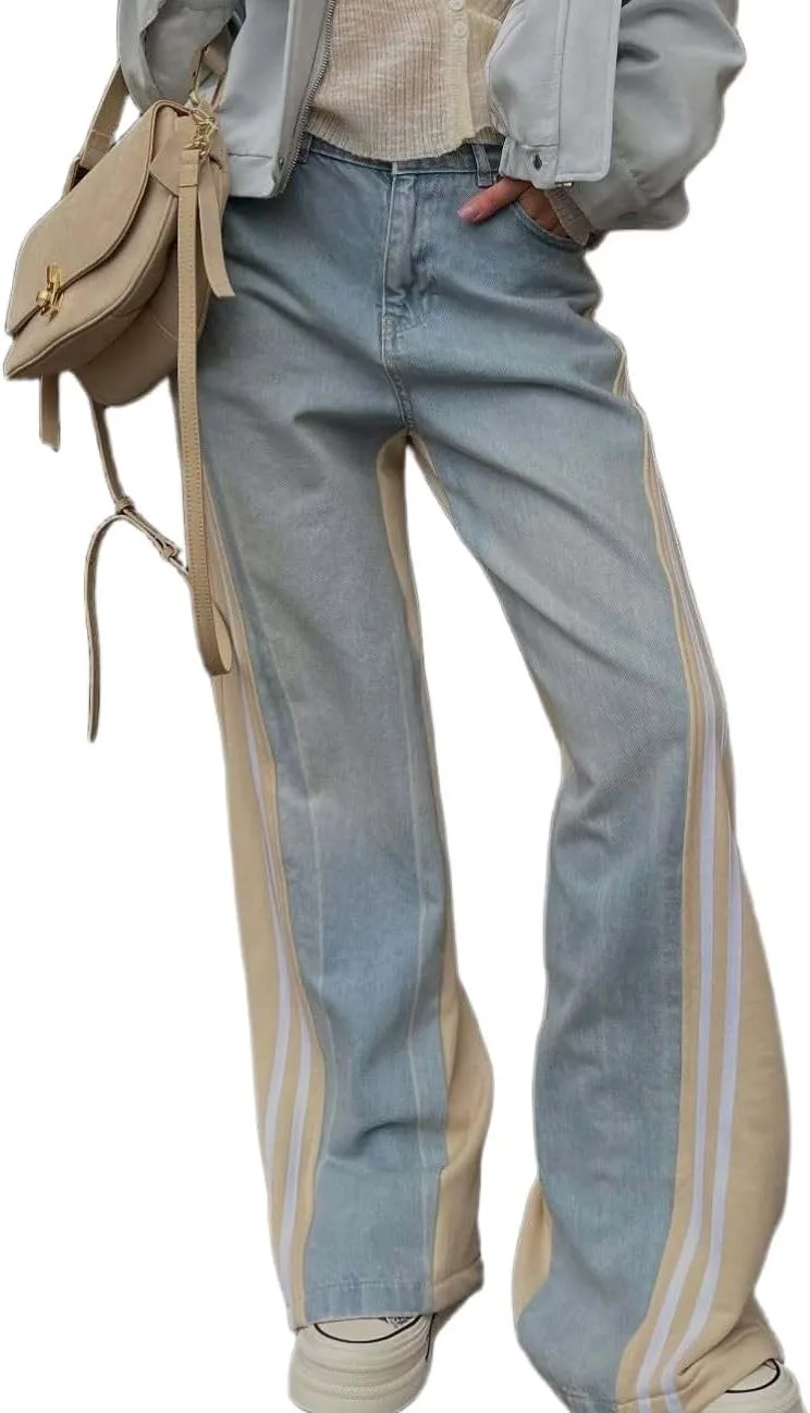 

Женские джинсы CHARTOU с боковыми полосками и аппликацией, широкие, прямые, с высокой посадкой и карманами