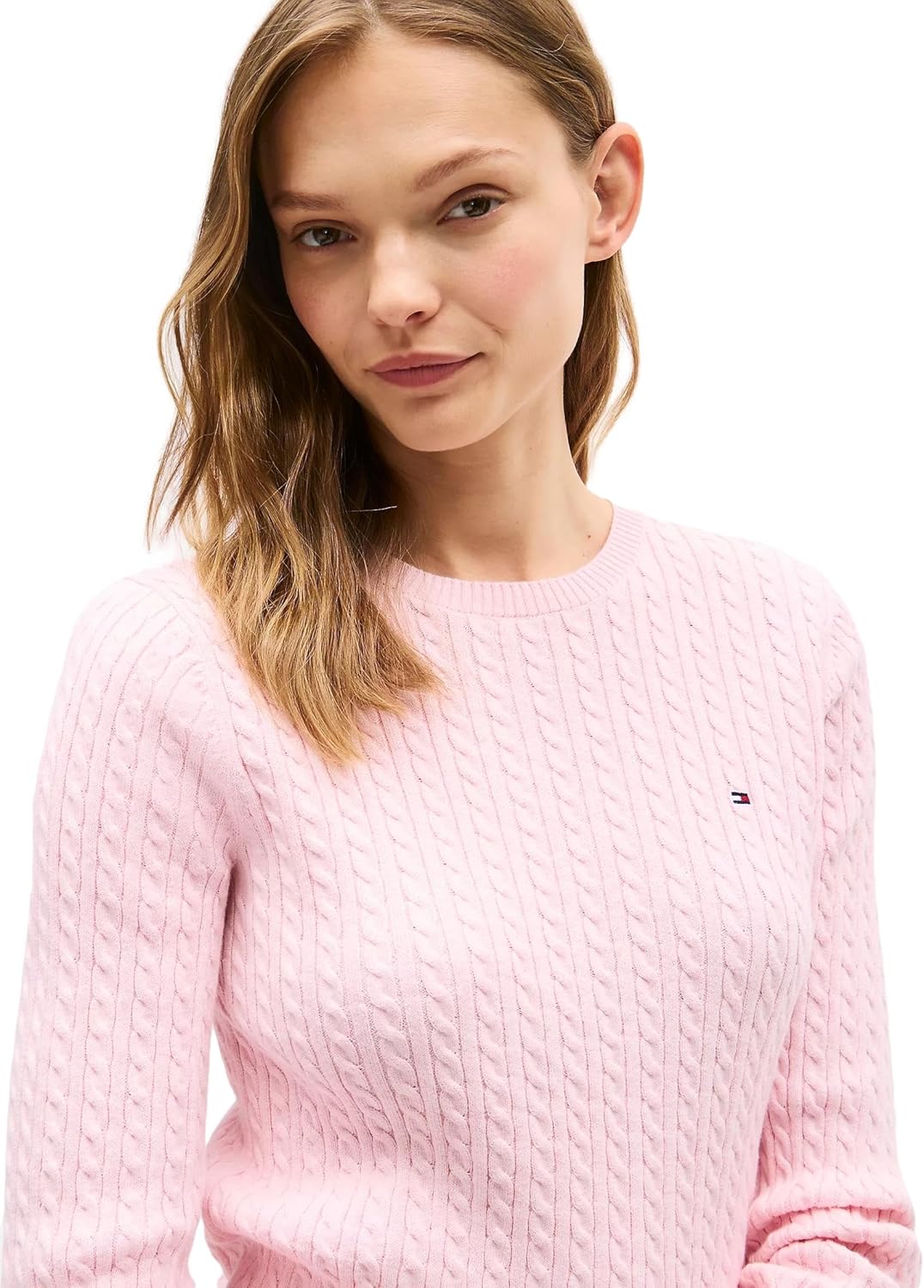 Коллекция женских свитеров Tommy Hilfiger Cable Kint с круглым вырезом и логотипом-флагом 2025 года, Pink Heather — фото 3
