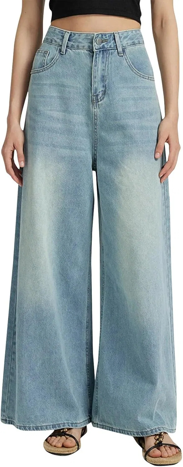 Джинсы свободные, High Waisted, светло-синие