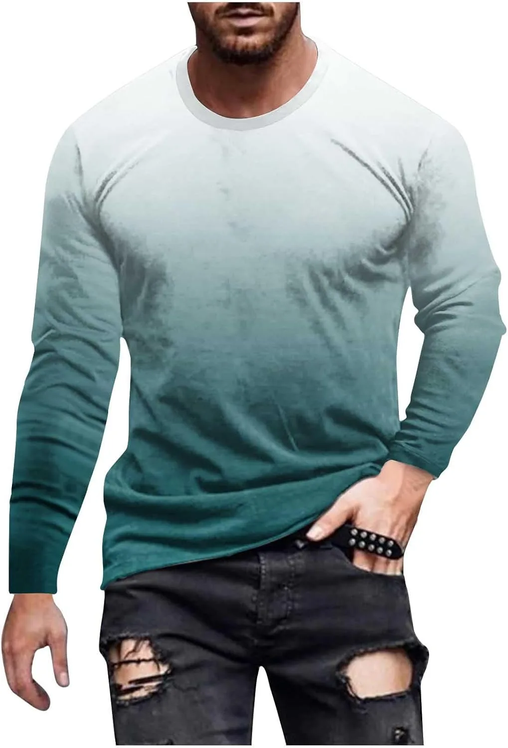 

Футболка с длинным рукавом для мужчин, Casual Gradient Tie Dye, Slim Fit QUNPIU