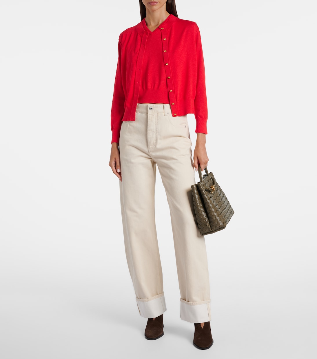 Комплект из свитера, жилета и кардигана с узлом Bottega Veneta, Cherry Tomato — фото 2