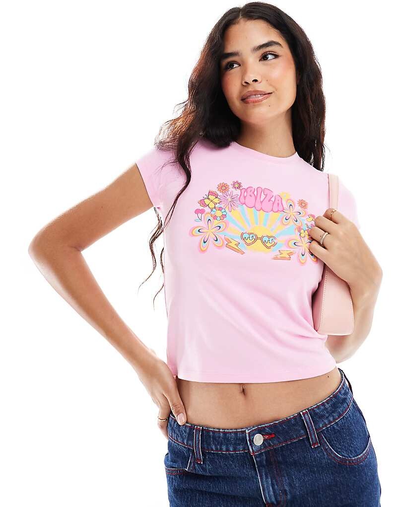 

Розовая укороченная футболка с цветочным рисунком Ibiza ASOS DESIGN