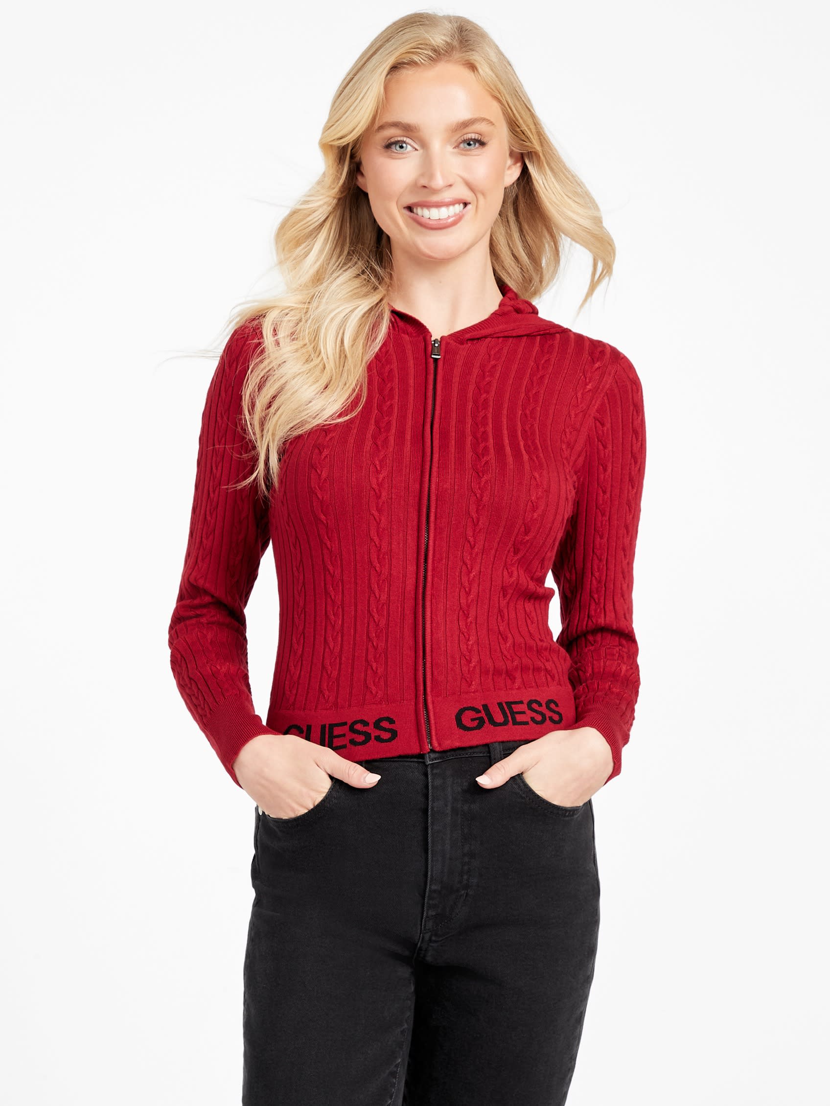 

Elise Cable-Knit свитер с капюшоном на молнии Guess Factory, красный/черный