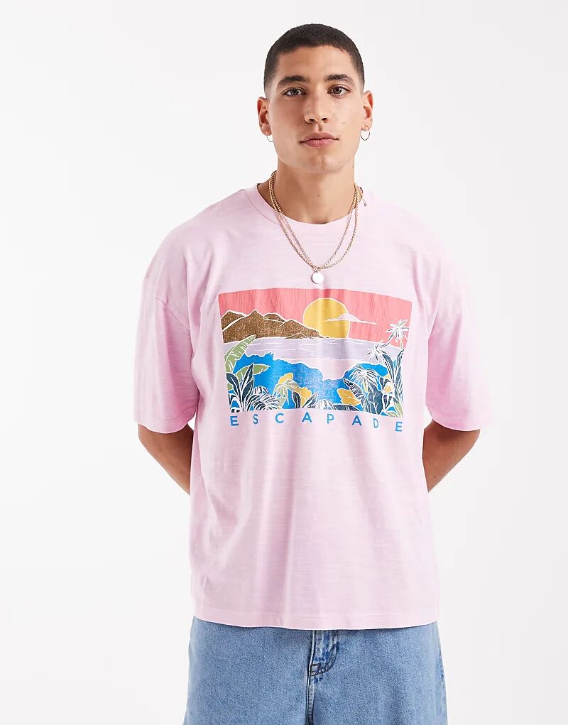 

Футболка свободного кроя ASOS DESIGN из фактурной ткани розового цвета с летним принтом