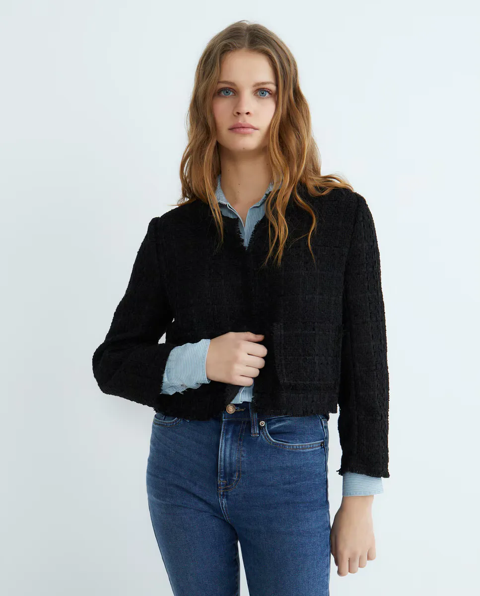 

Женский короткий жакет из смесовой ткани букле и передними карманами Dkny Jeans, чёрный
