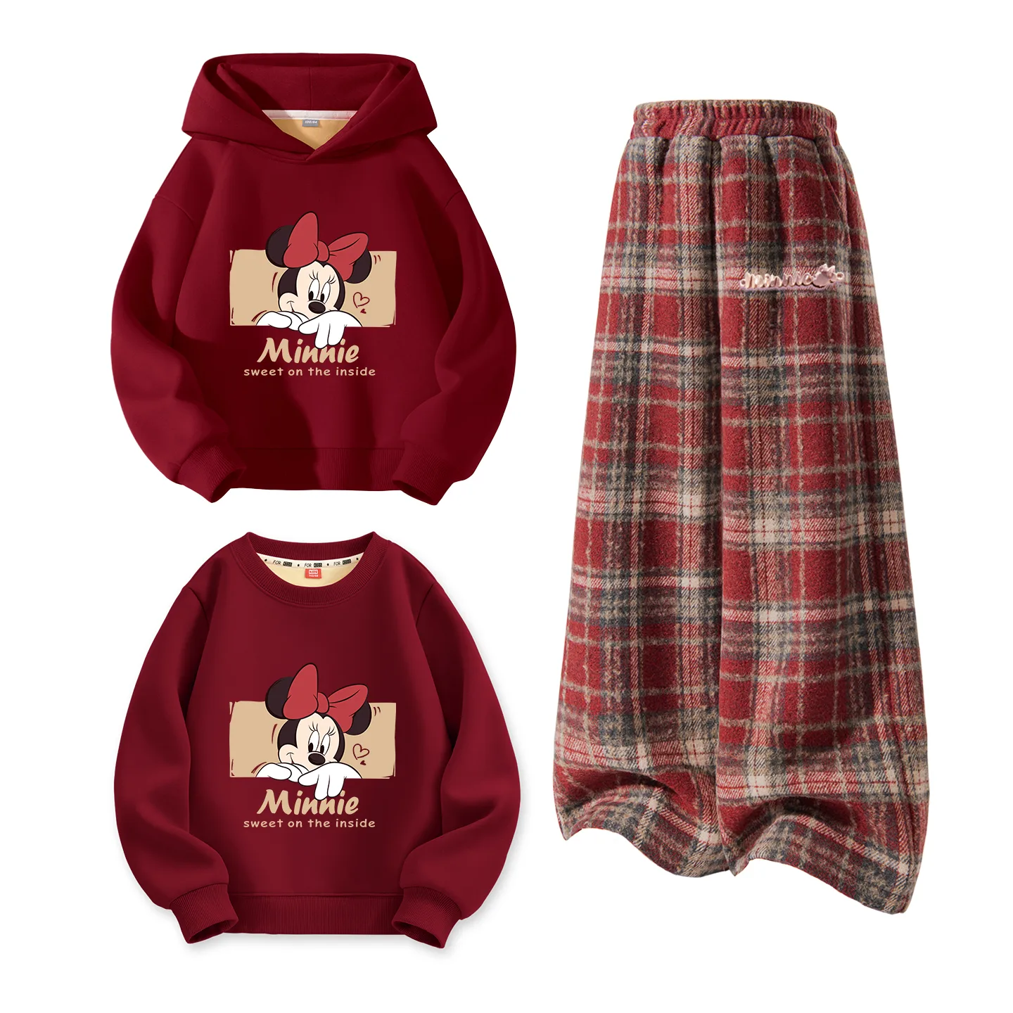 Disney Kids Tang Suits Crew Neck Thickness, [Thickened and Fleece-Lined]Didi Hide Burgundy+Didi Long Metal Label K Red Plaid+Didi Hide Burgundy